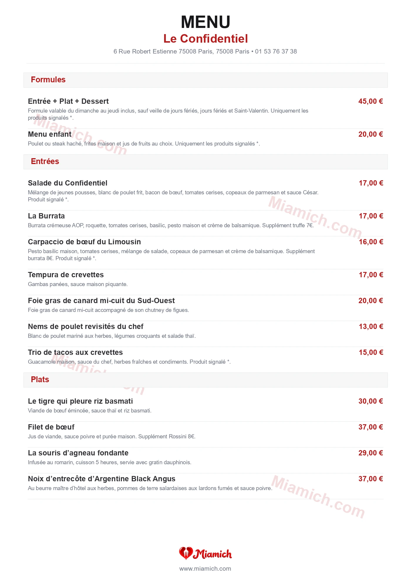 Le Confidentiel, 75008, Paris, restaurant-halal, Grill / BBQ, Desserts, departement 75, menu, photo, page 1