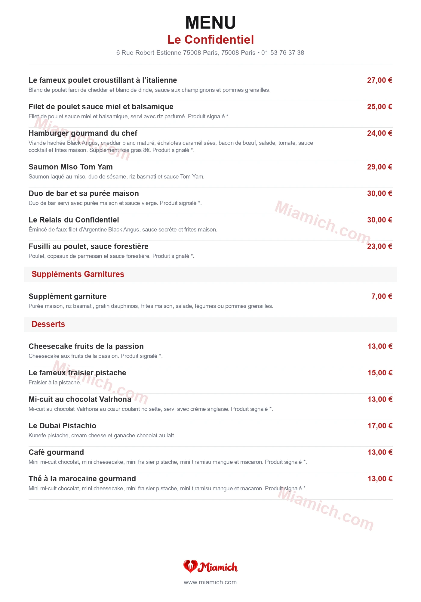 Le Confidentiel, 75008, Paris, restaurant-halal, Grill / BBQ, Desserts, departement 75, menu, photo, page 2