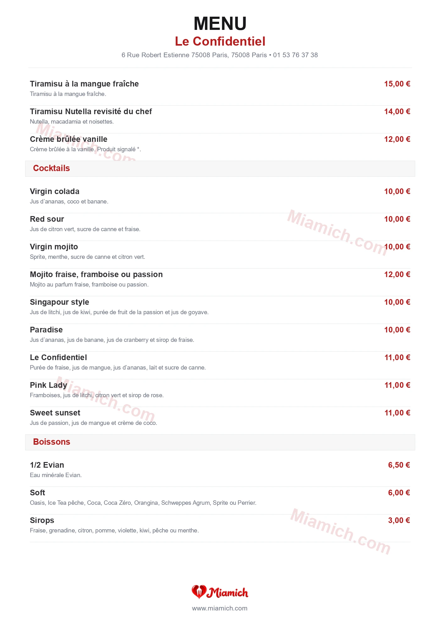 Le Confidentiel, 75008, Paris, restaurant-halal, Grill / BBQ, Desserts, departement 75, menu, photo, page 3