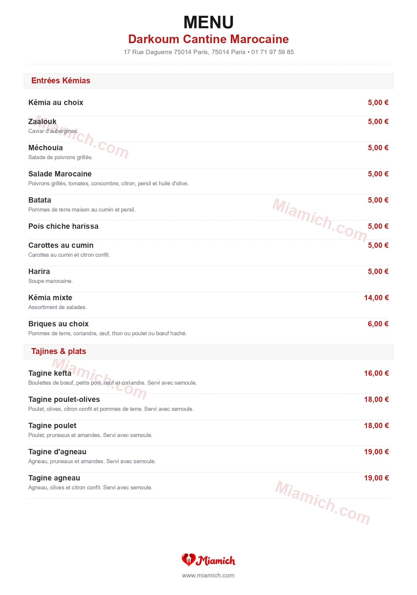 Darkoum Cantine Marocaine, 75014, Paris, restaurant-halal, Marocain, departement 75, menu, photo, page 1