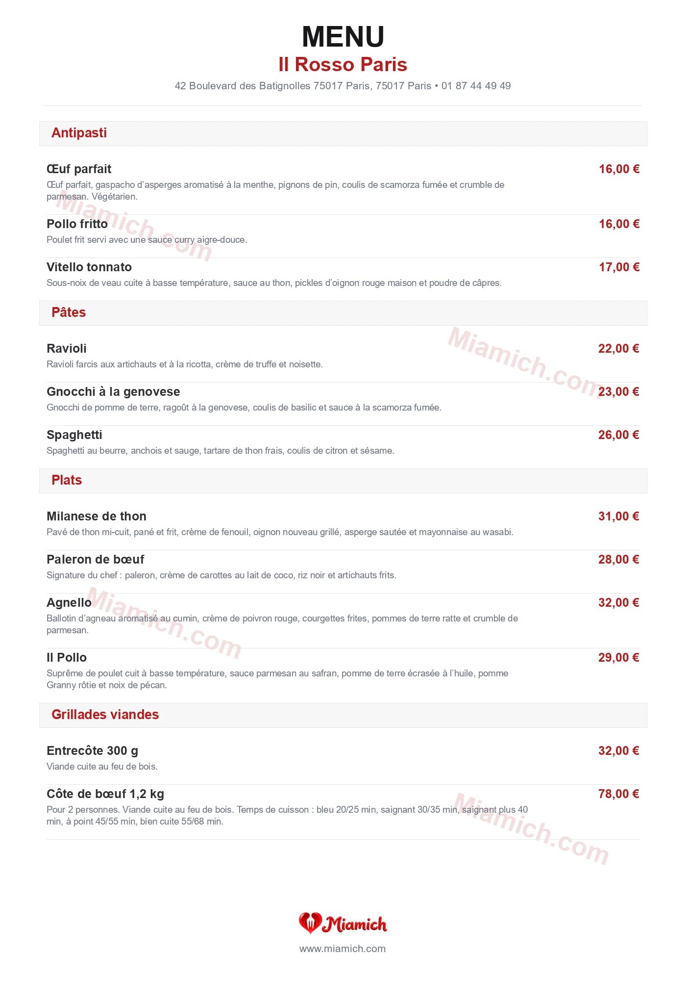 Il Rosso Paris, 75017, Paris, restaurant-halal, Italien, departement 75, menu, photo, page 1