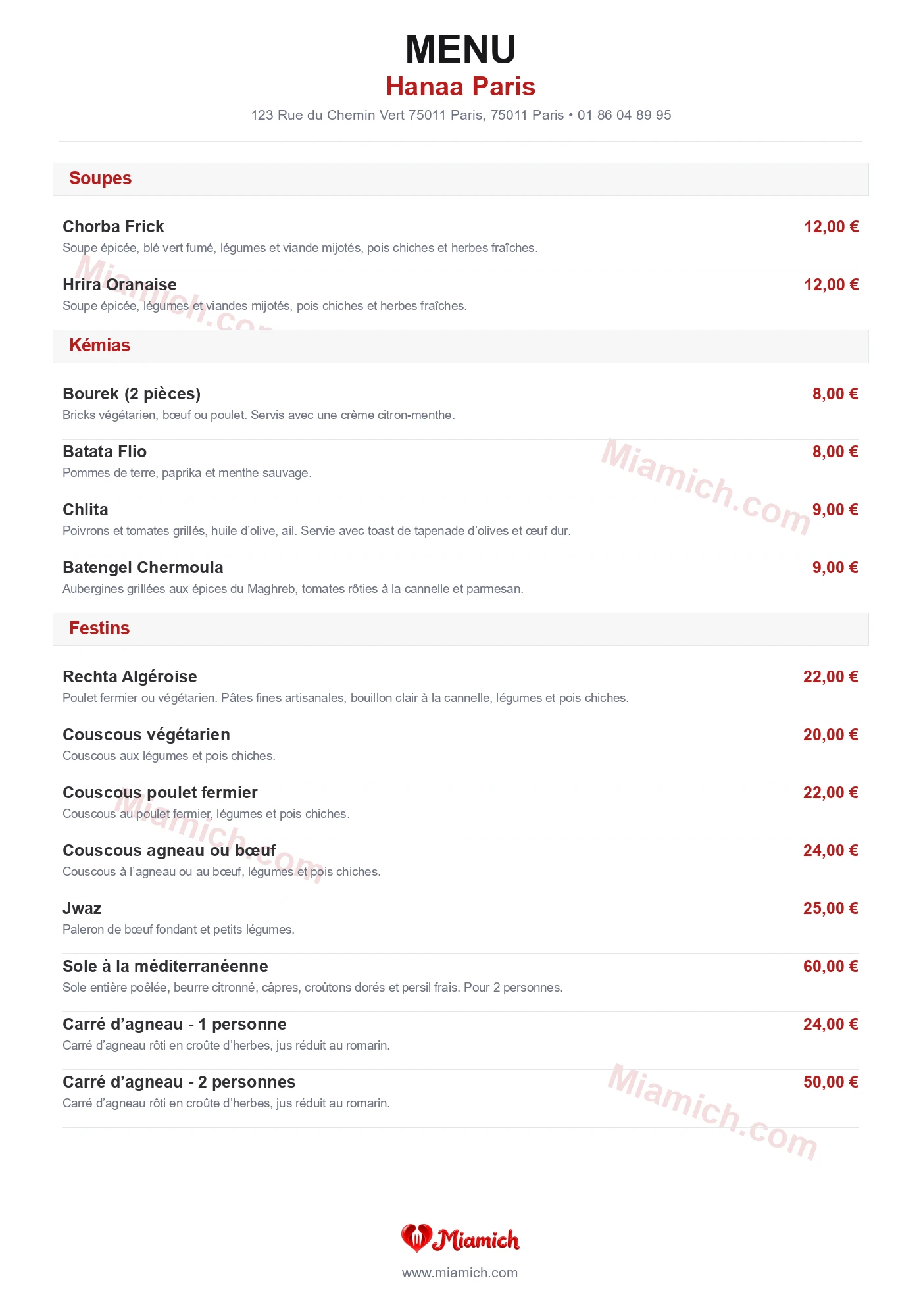 Hanaa Paris, 75011, Paris, restaurant-halal, Algérien, departement 75, menu, photo, page 1