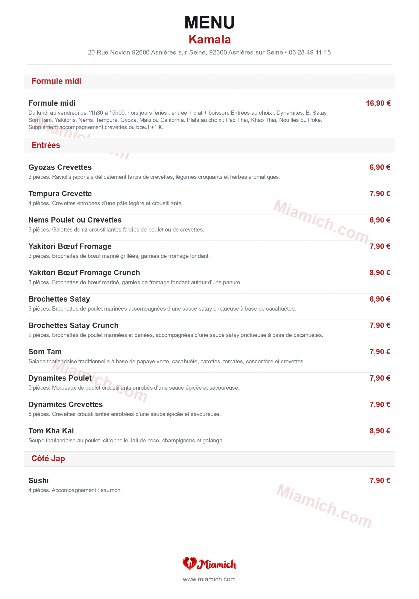 Kamala, 92600, Asnières-sur-Seine, restaurant-halal, Asiatique, Thaïlandais, departement 92, menu, photo, page 1