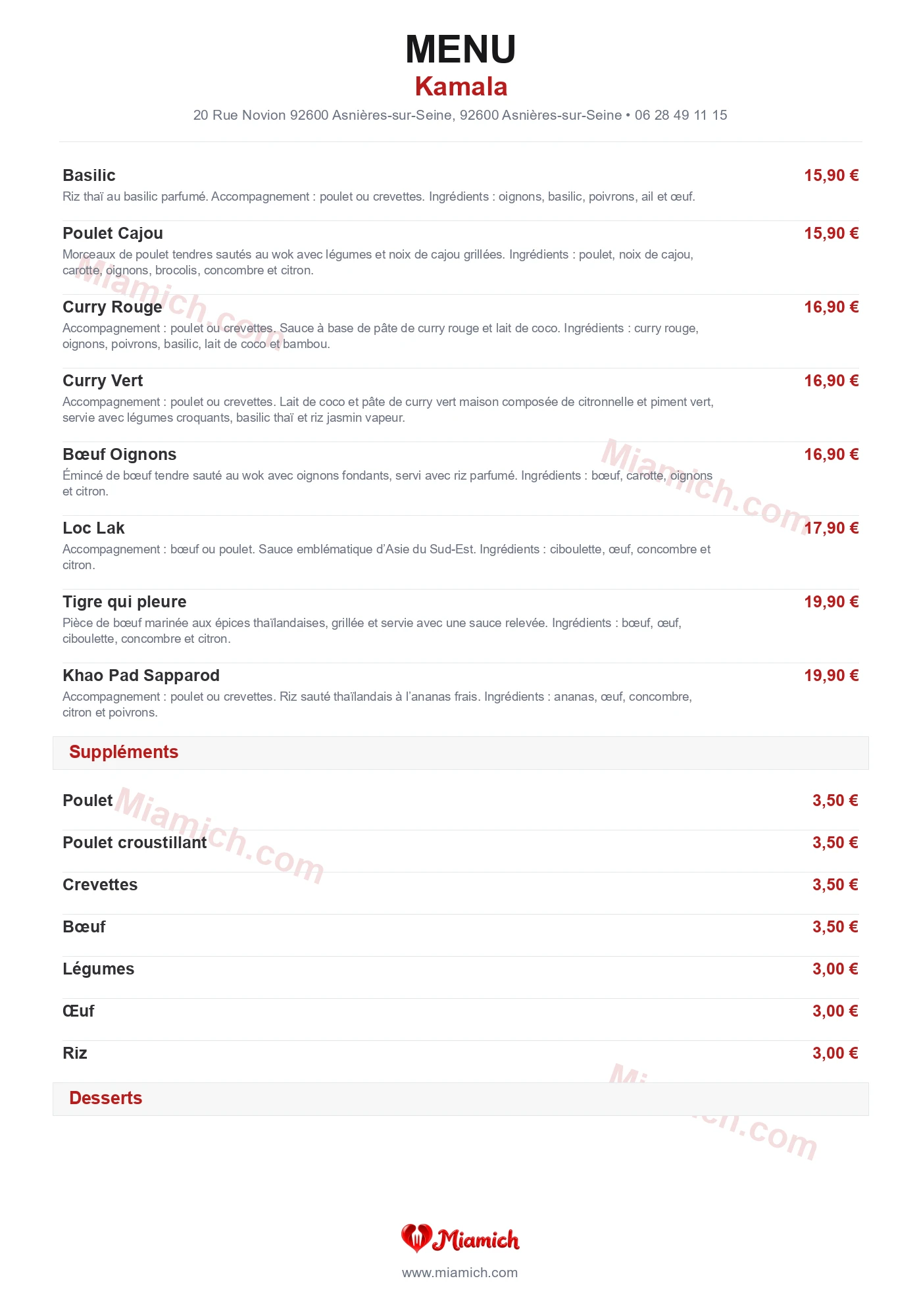 Kamala, 92600, Asnières-sur-Seine, restaurant-halal, Asiatique, Thaïlandais, departement 92, menu, photo, page 3