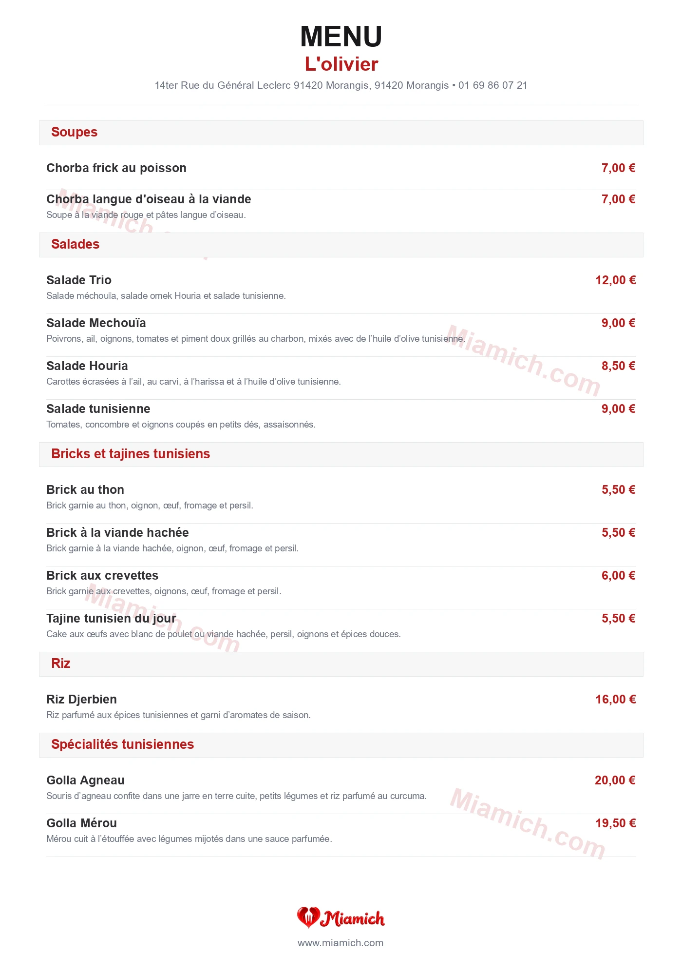 L'olivier, 91420, Morangis, restaurant-halal, Tunisien, Cuisine fusion, departement 91, menu, photo, page 1