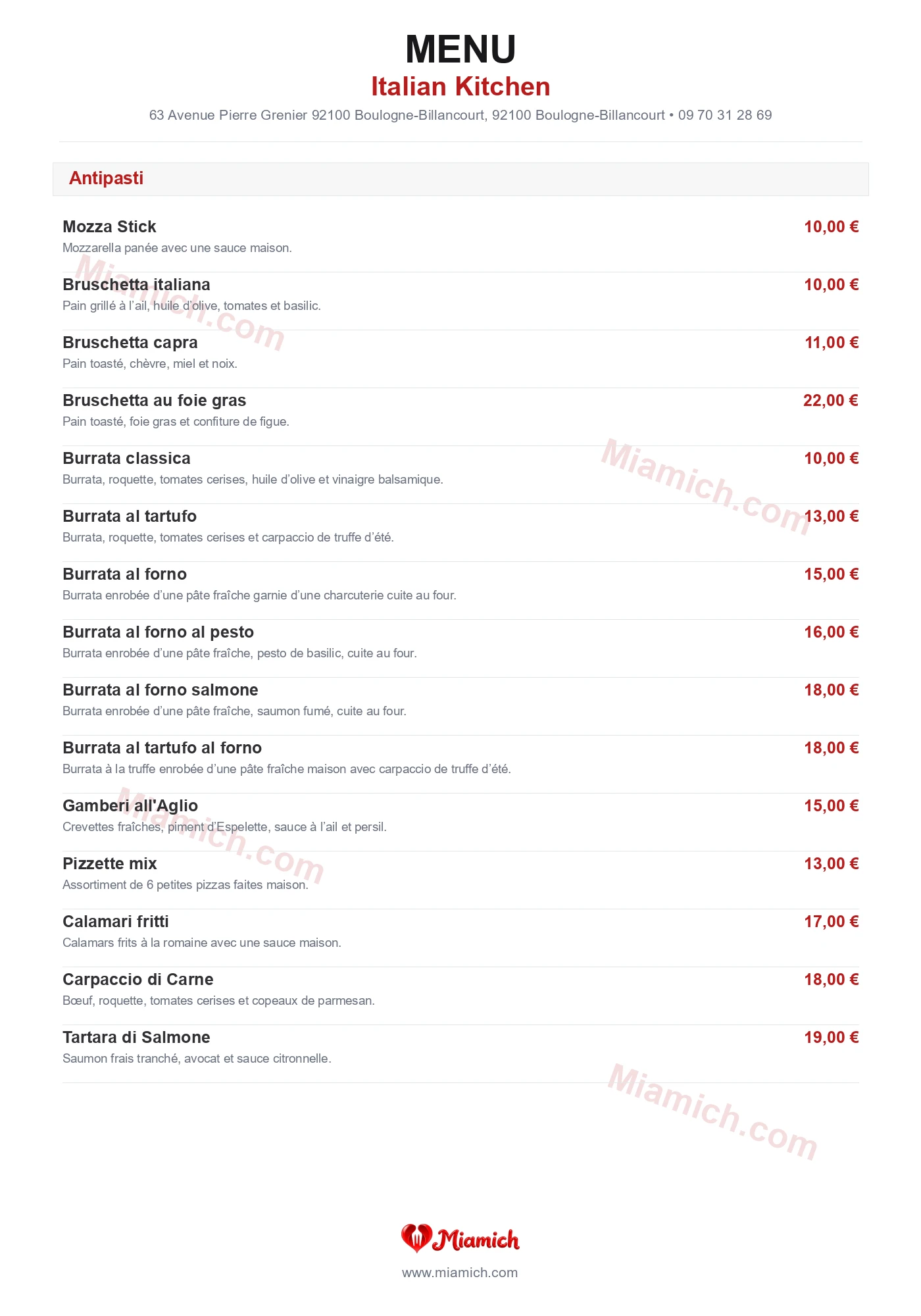 Italian Kitchen, 92100, Boulogne-Billancourt, restaurant-halal, Italien, Pizza, departement 92, menu, photo, page 1